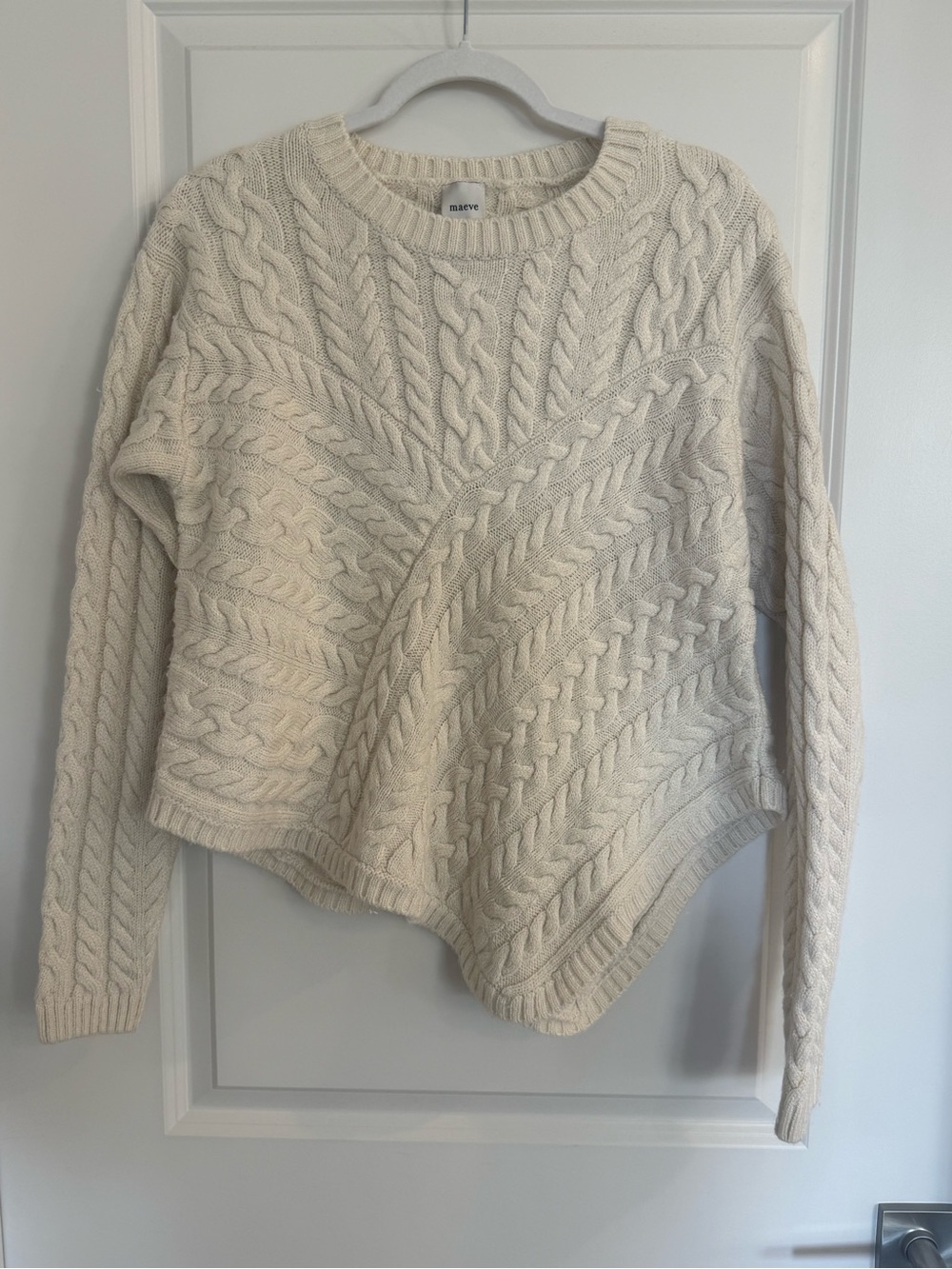 Maeve Cream Asymmetric Cable-knit Crewneck Sweater